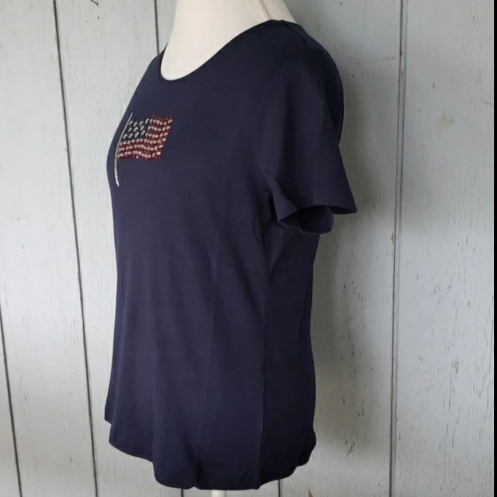American Flag Tee 100% Cotton Americana 4th of July Rhinestone Patriotic (A) - Picture 3 of 9